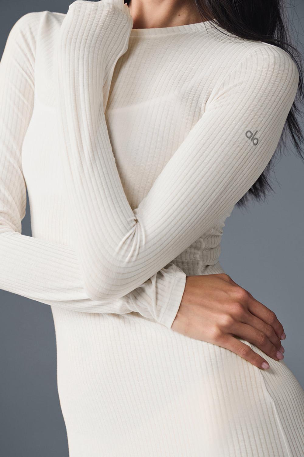 Ivory Alo Yoga Ribbed Sea Coast Long Sleeve Women Dress | KSA  KHD152364