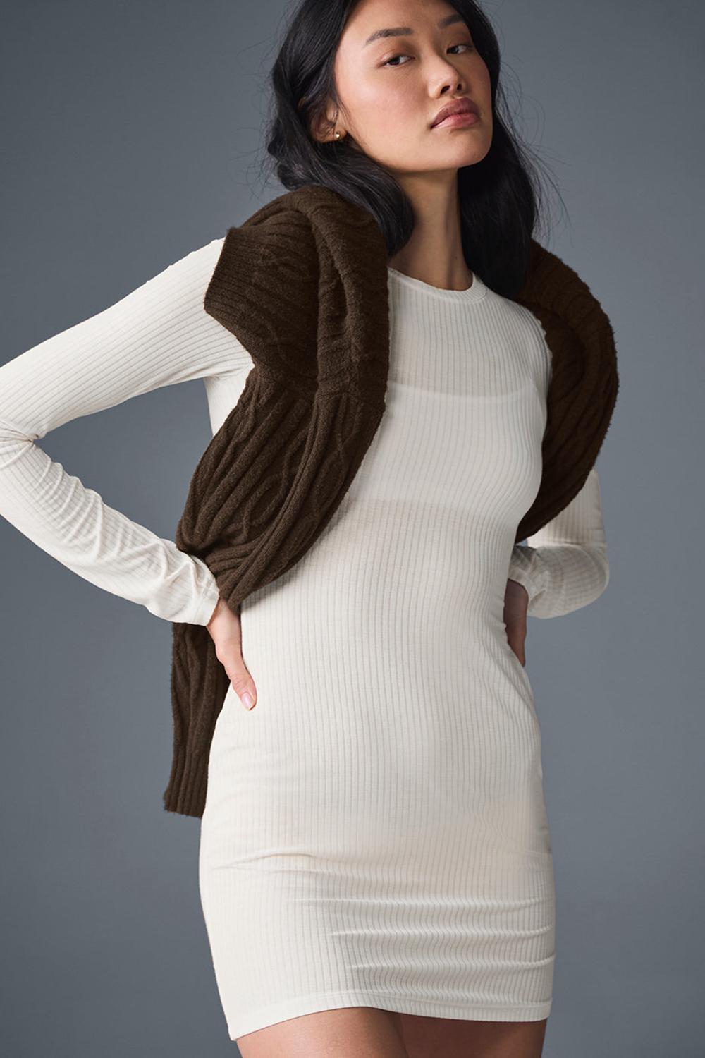 Ivory Alo Yoga Ribbed Sea Coast Long Sleeve Women Dress | KSA  KHD152364