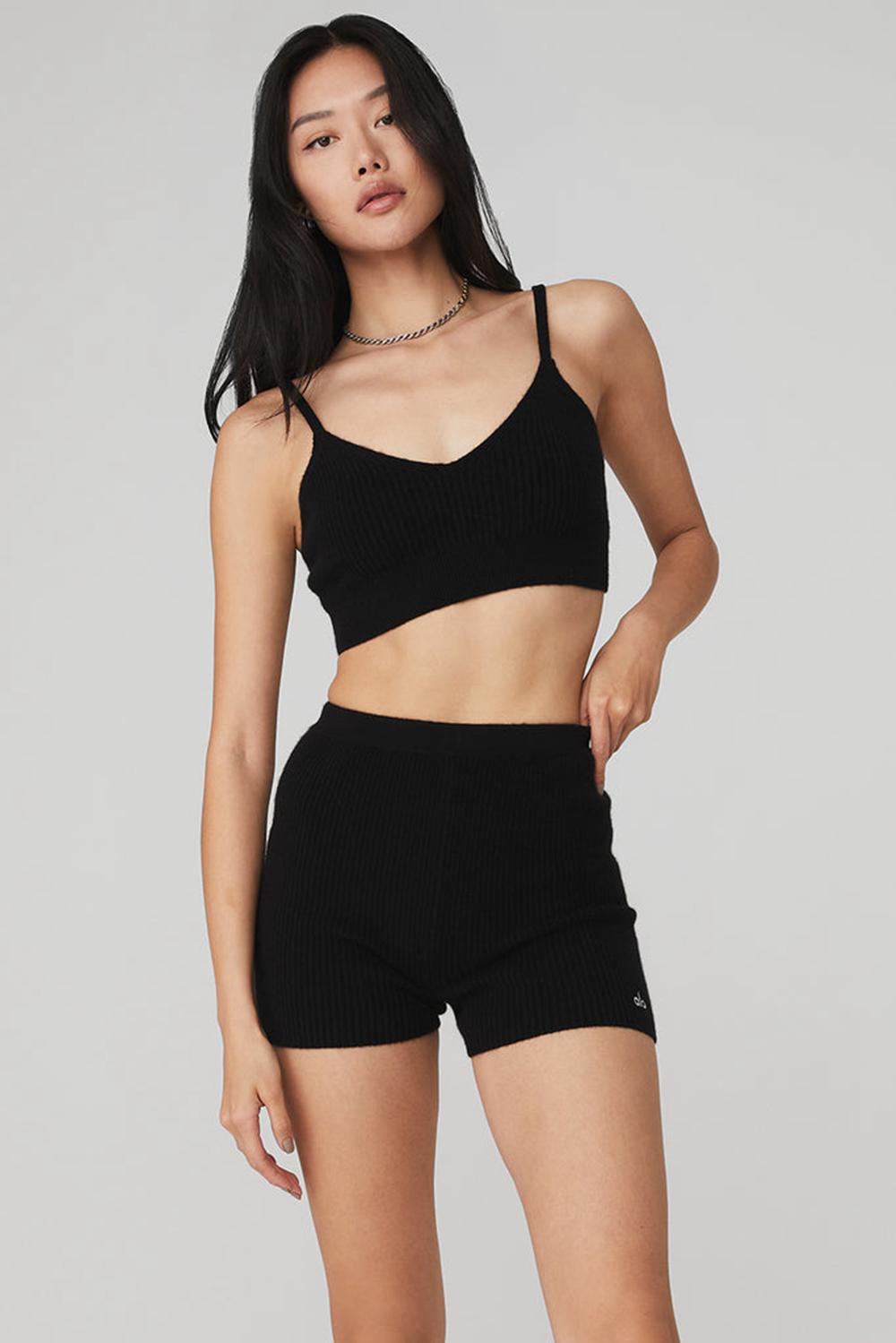 Jet Black Alo Yoga Cashmere Ribbed Staycation Women Bra | KSA  HMY061327