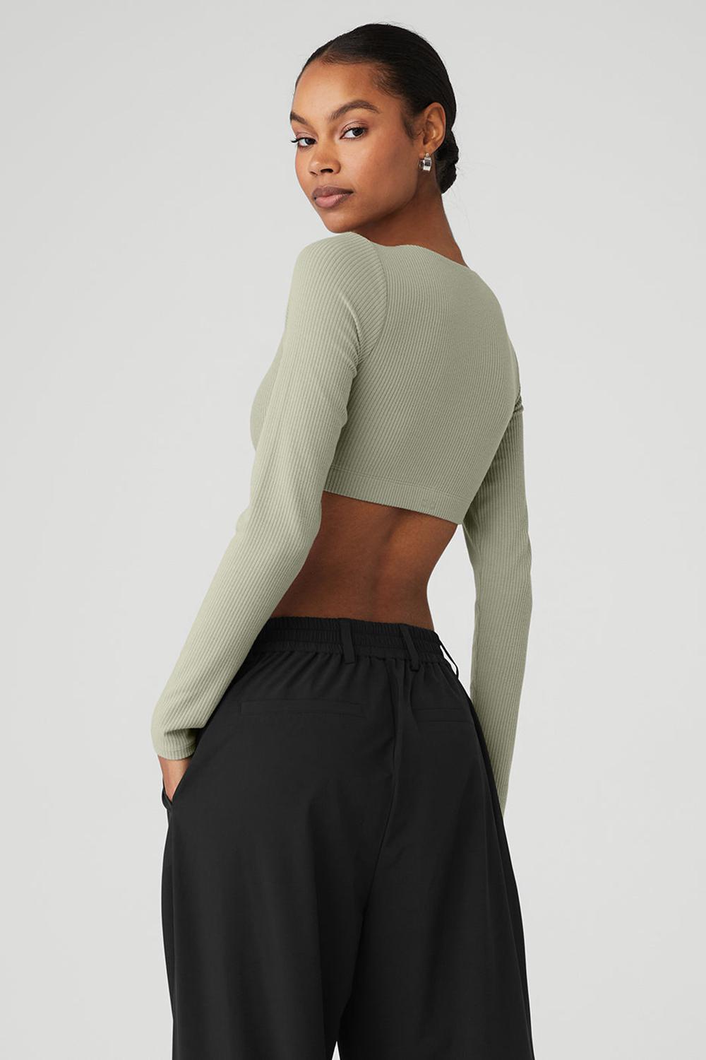 Limestone Alo Yoga Ribbed Defined Long Sleeve Women Bra | KSA  TNH531984