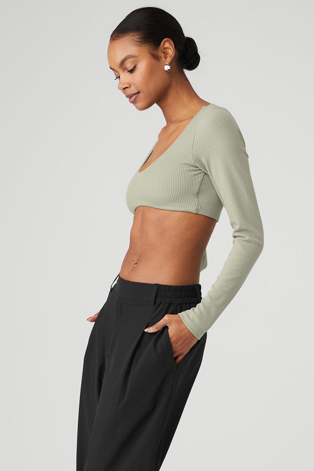 Limestone Alo Yoga Ribbed Defined Long Sleeve Women Bra | KSA  TNH531984