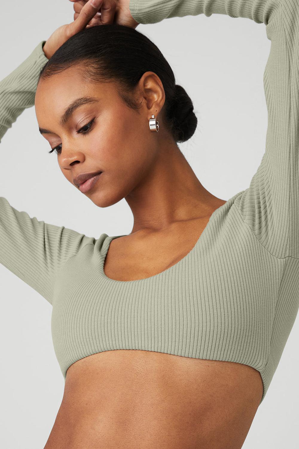 Limestone Alo Yoga Ribbed Defined Long Sleeve Women Bra | KSA  TNH531984
