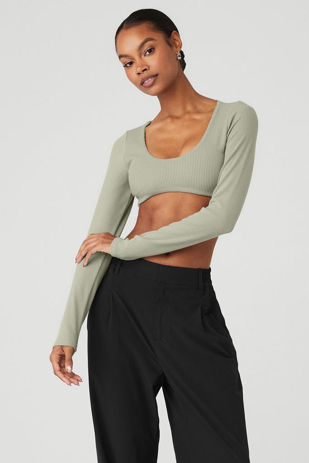 Limestone Alo Yoga Ribbed Defined Long Sleeve Women Bra | KSA  TNH531984