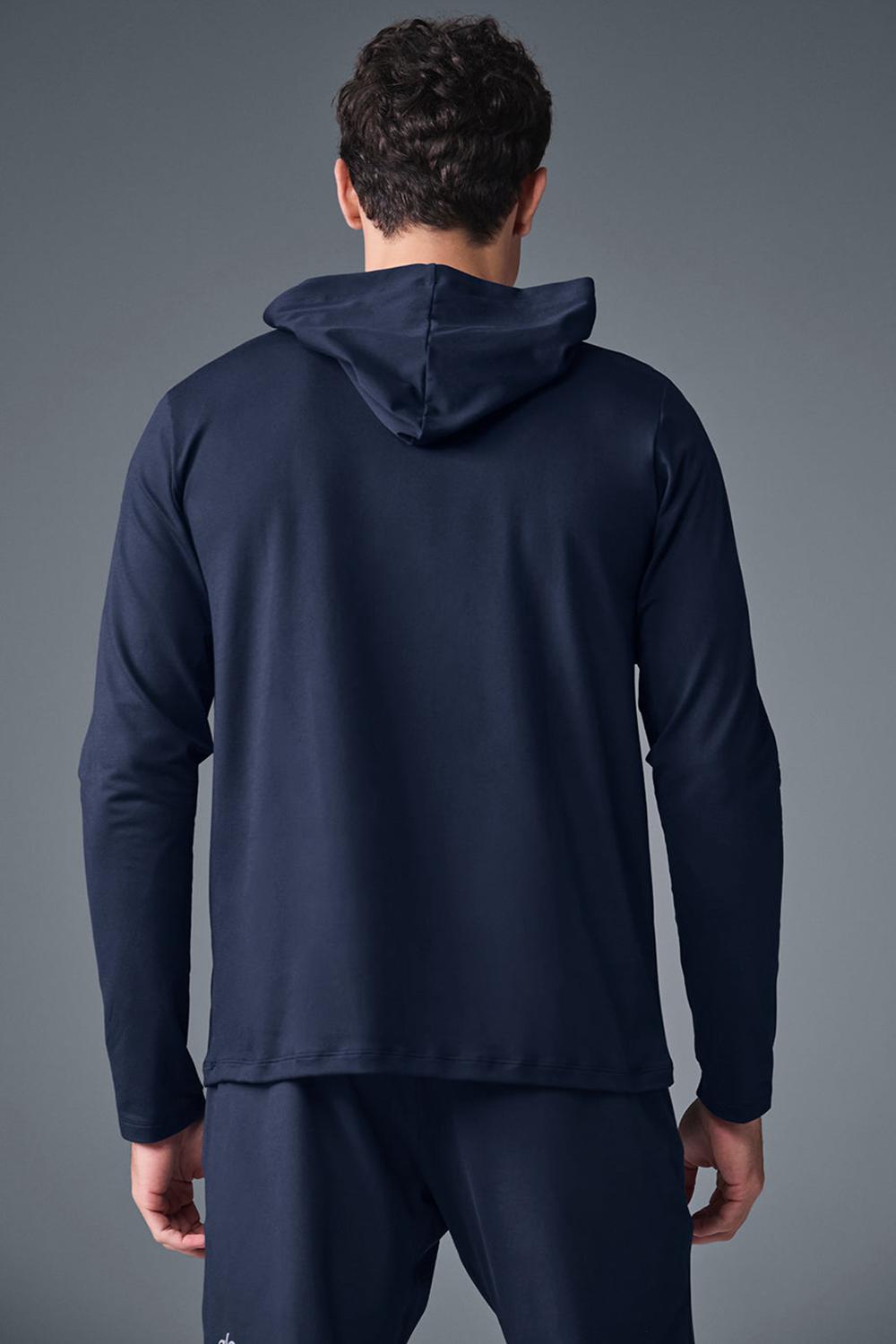 Navy Alo Yoga Conquer Reform With Hood Men Long Sleeve | KSA  FPR627495
