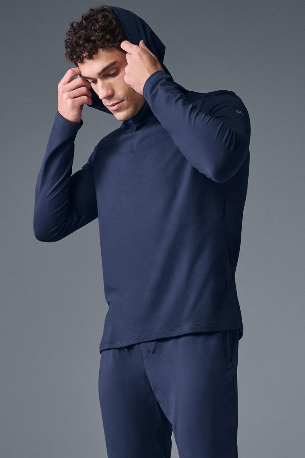 Navy Alo Yoga Conquer Reform With Hood Men Long Sleeve | KSA  FPR627495