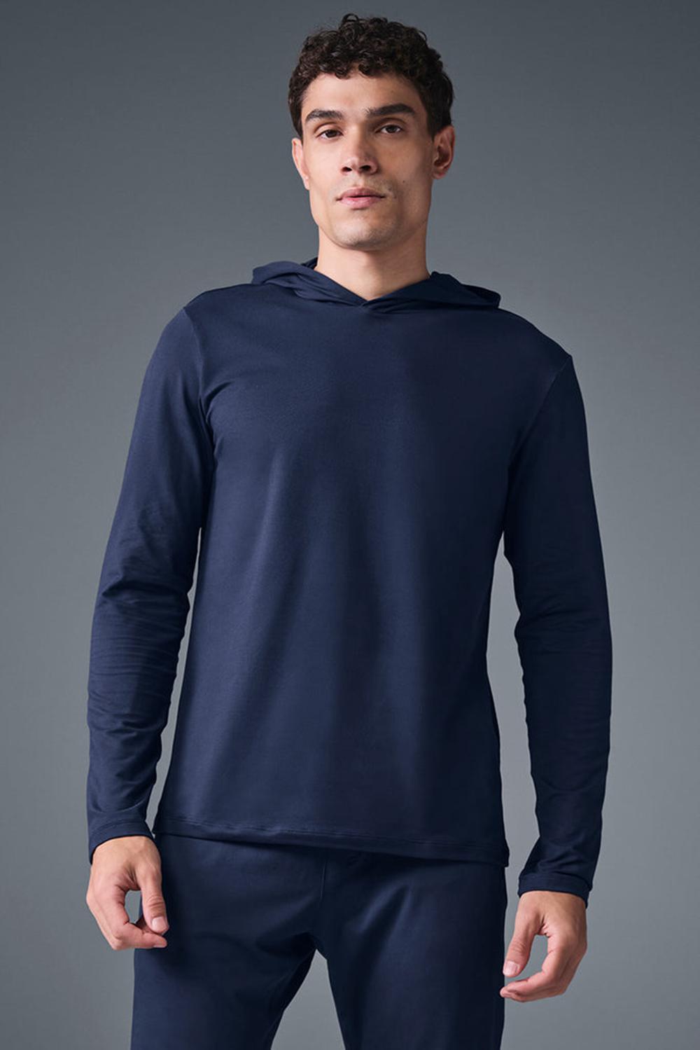 Navy Alo Yoga Conquer Reform With Hood Men Long Sleeve | KSA  FPR627495