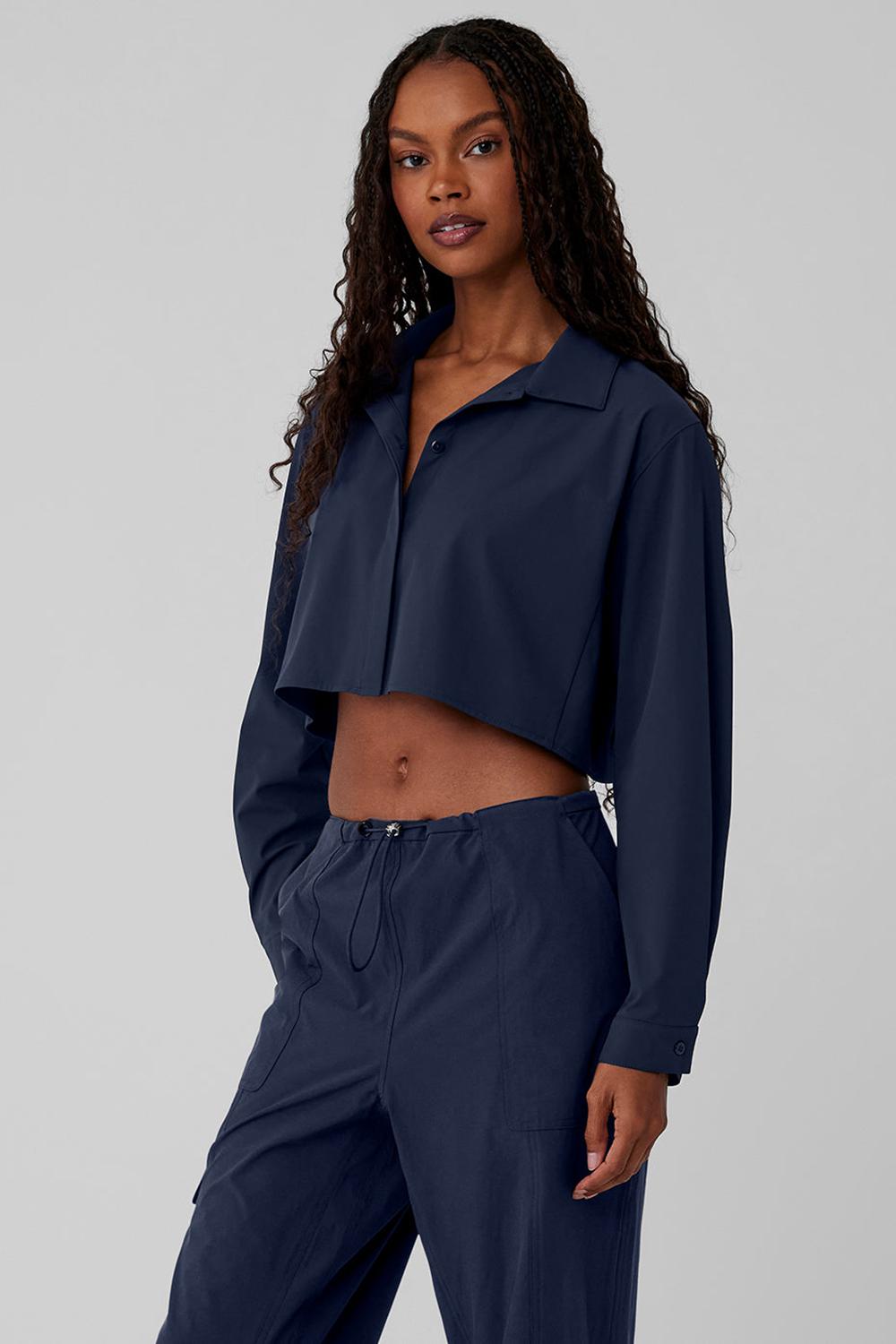 Navy Alo Yoga Take Me Out Button Up Women Cropped Tops | KSA  EVL274803