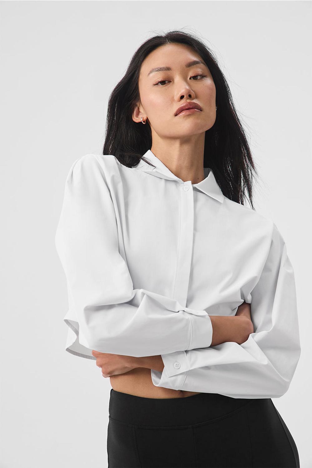 White Alo Yoga Take Me Out Button Up Women Cropped Tops | KSA  WRL943521